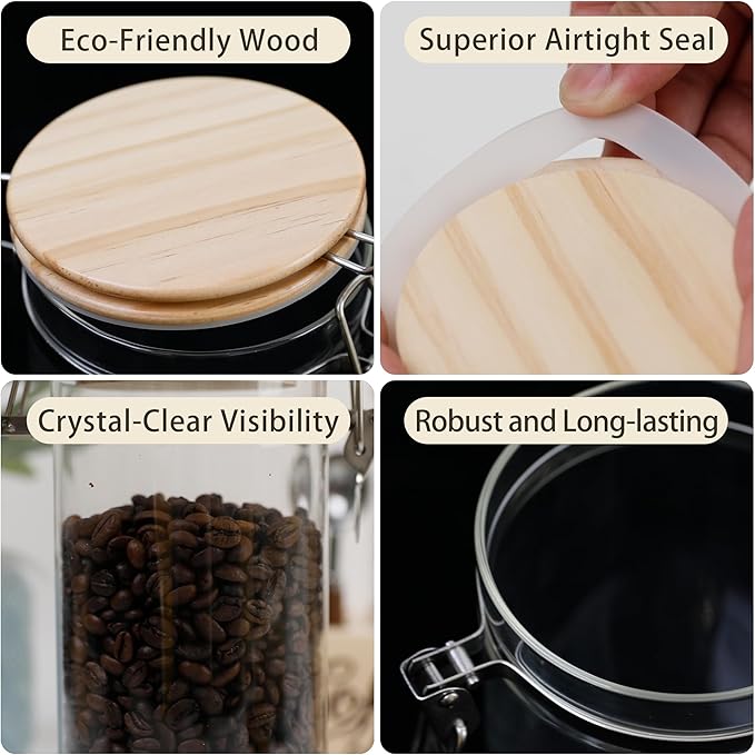 EQEY Glass Coffee Canister Set with Shelf & Spoon 2 Piece Coffee Containers for Coffee Bean Storage Airtight Seal, Coffee Bar Accessories Filter Holder for Kitchen Organization