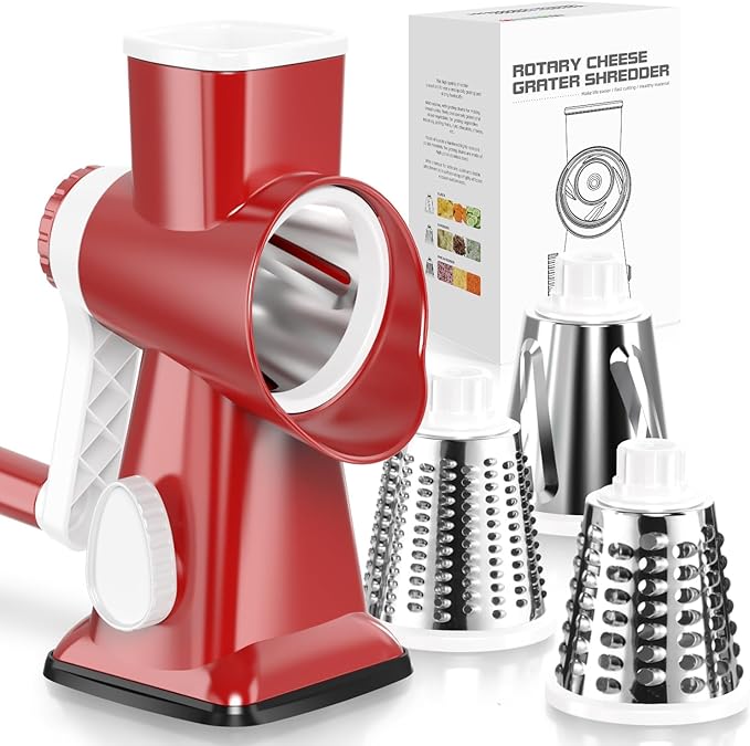 Badelite Cheese Grater Hand Crank Rotating Cheese Shredder Stainless Steel Vegetable Slicer Grater for Kitchen 3 Blades for Cheese, Carrot, Cucumber, Nuts, Chocolate, Red