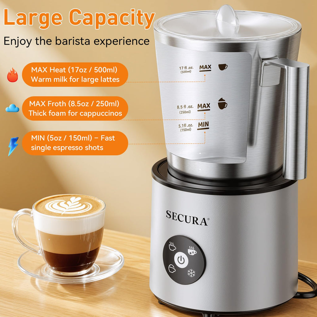 Secura 4-in-1 Electric Milk Frother, 17oz Stainless Steel Jug, Teflon-Free