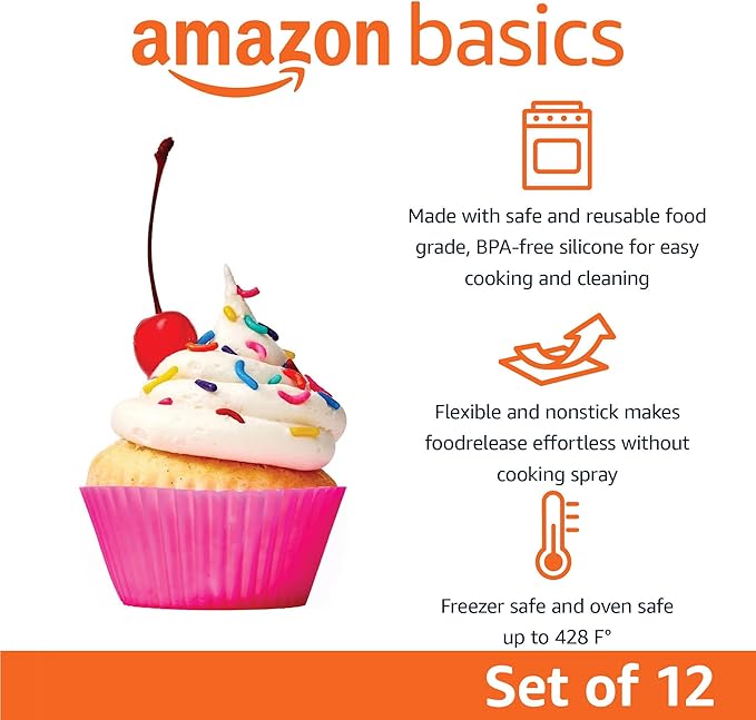 Amazon Basics Reusable Non-Stick Silicone Baking Cups, BPA Free, Muffin Liners, Dishwasher Safe, Microwave and Oven Safe, 2.9 x 2.9 x 1.3 in (LxWxH), Multicolor, 12-Pack