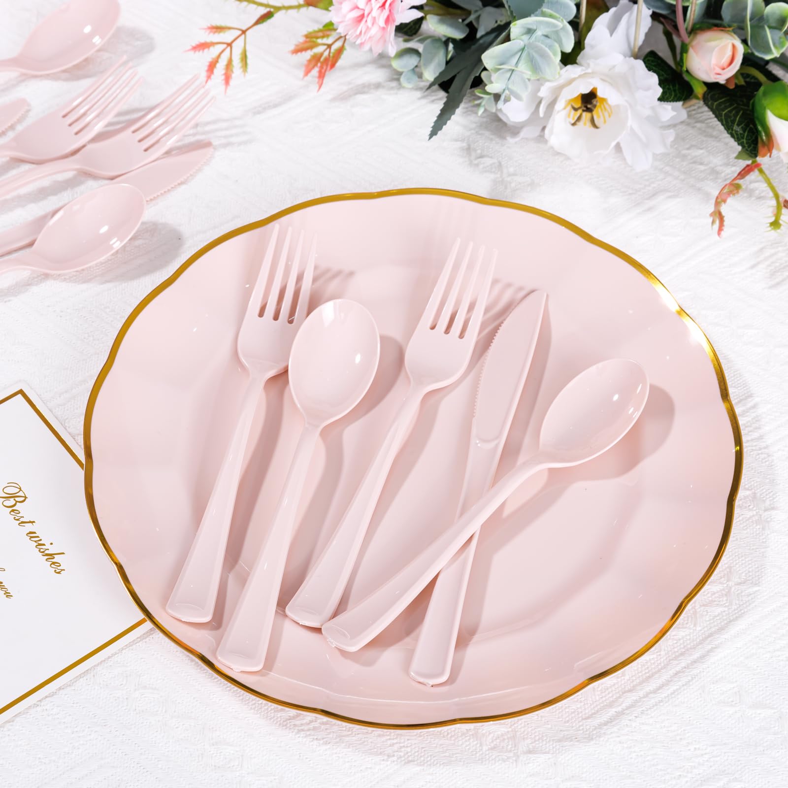 Supernal 300pcs Pink Plastic Silverware, Disposable Cutlery Set