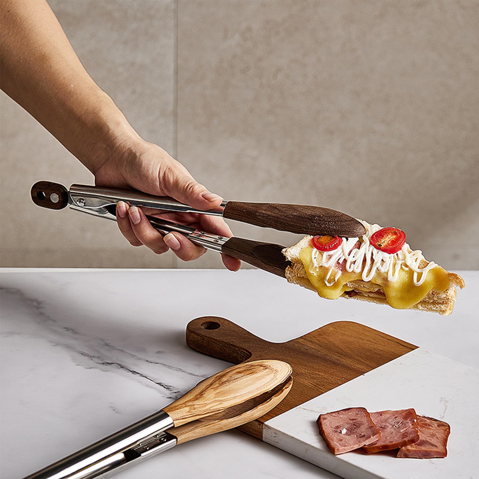 Wooden Tongs for Cooking with Walnut Tips, Serving & Salad Tongs