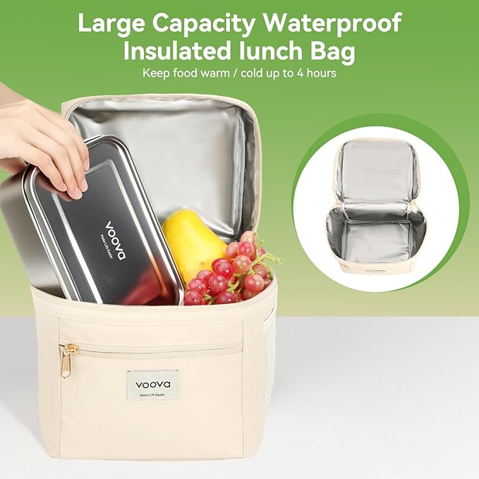Voova 42 oz Stainless Steel Bento Lunch Box Set with Bag, Beige