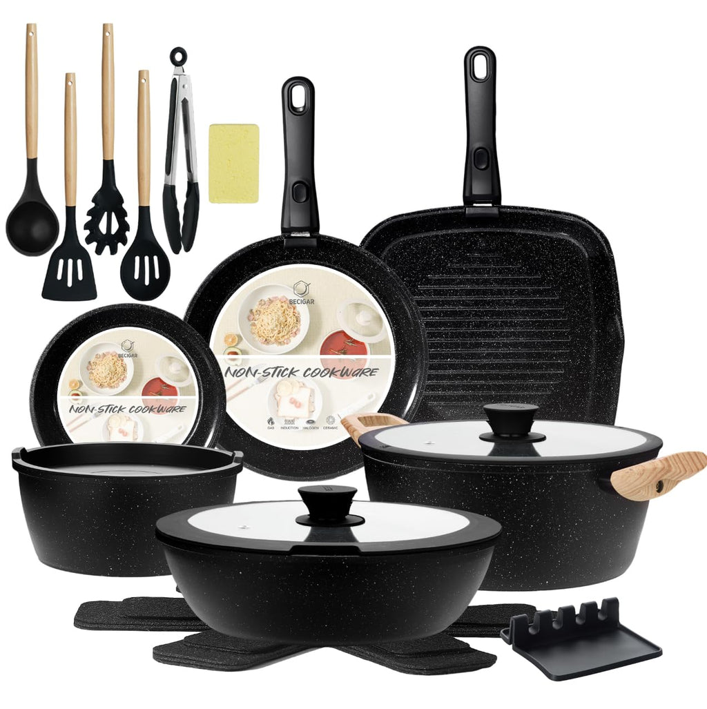 BECIGAR 23pcs Ceramic Pots and Pans Set, Nonstick Detachable Handle Cookware, Induction Kitchen Cooking Set with Removable Handle,include Frying Pans & Saucepans Oven Safe (Black)