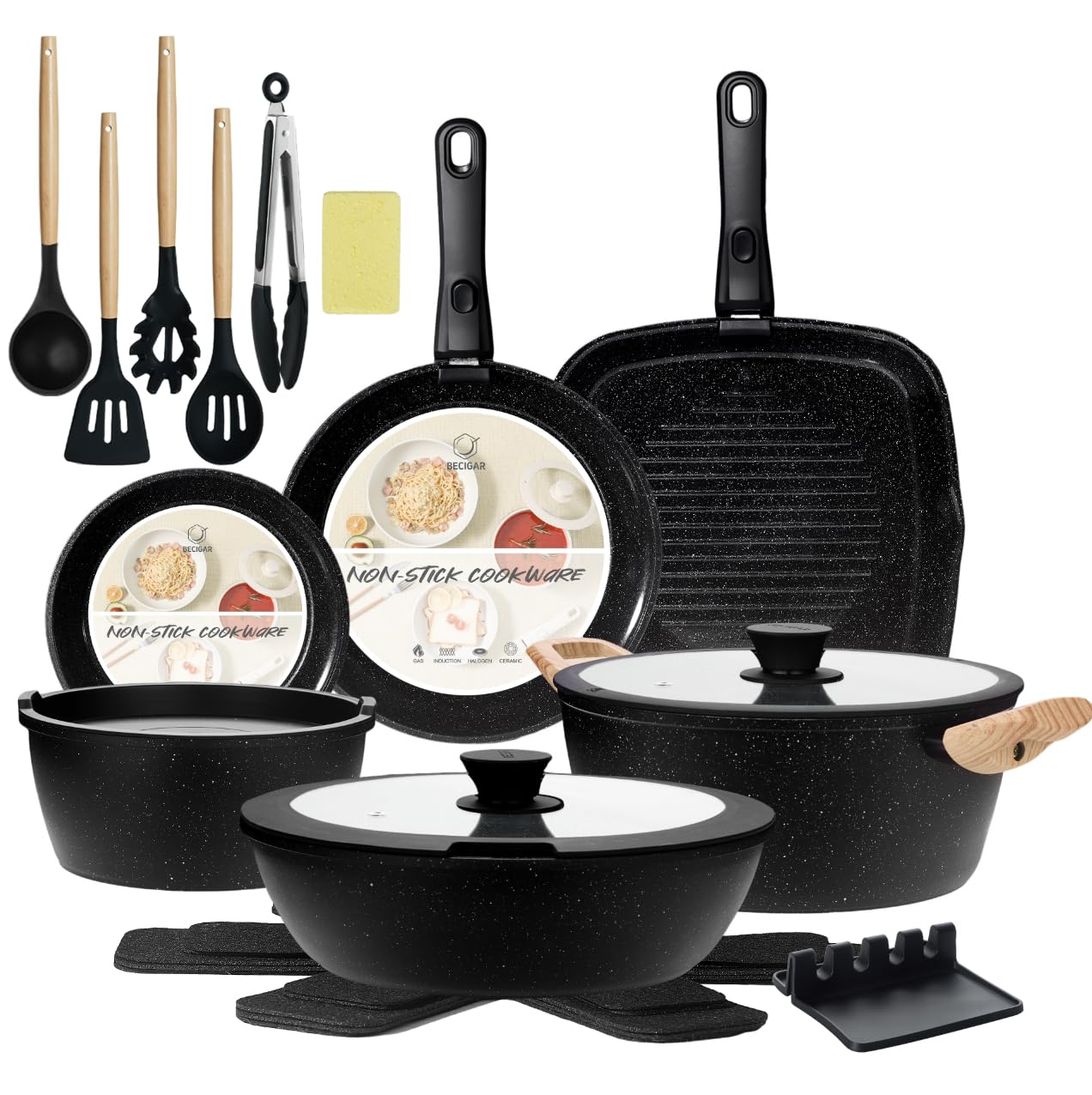 BECIGAR 23pcs Ceramic Pots and Pans Set, Nonstick Detachable Handle Cookware, Induction Kitchen Cooking Set with Removable Handle,include Frying Pans & Saucepans Oven Safe (Black)