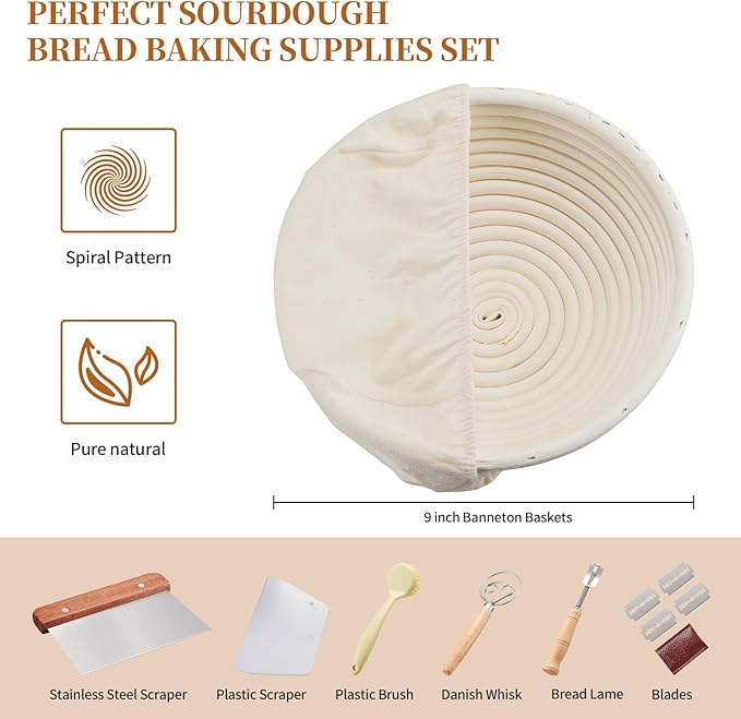 Dimpola Banneton Bread Proofing Basket Banneton Basket Set Sourdough Proofing Basket Round Proofing Bowls Handmade Rattan Baskets and Liners (Round of 1 Gift Set)