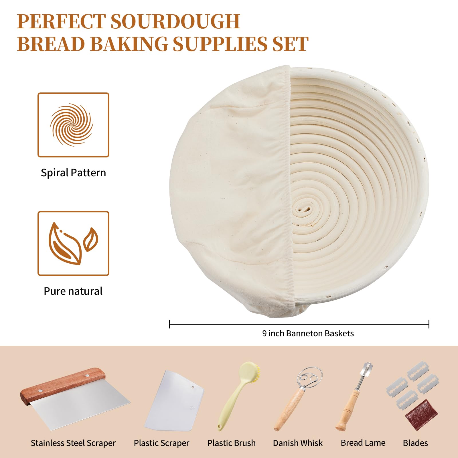 Dimpola Banneton Bread Proofing Basket Banneton Basket Set Sourdough Proofing Basket Round Proofing Bowls Handmade Rattan Baskets and Liners (Round of 1 Gift Set)