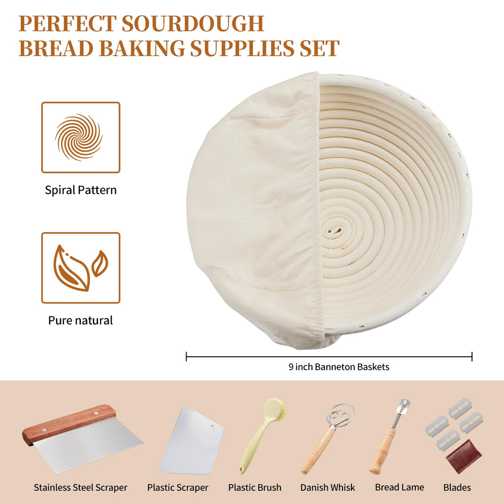 Dimpola Banneton Bread Proofing Basket Banneton Basket Set Sourdough Proofing Basket Round Proofing Bowls Handmade Rattan Baskets and Liners (Round 9 inch Baking Set)