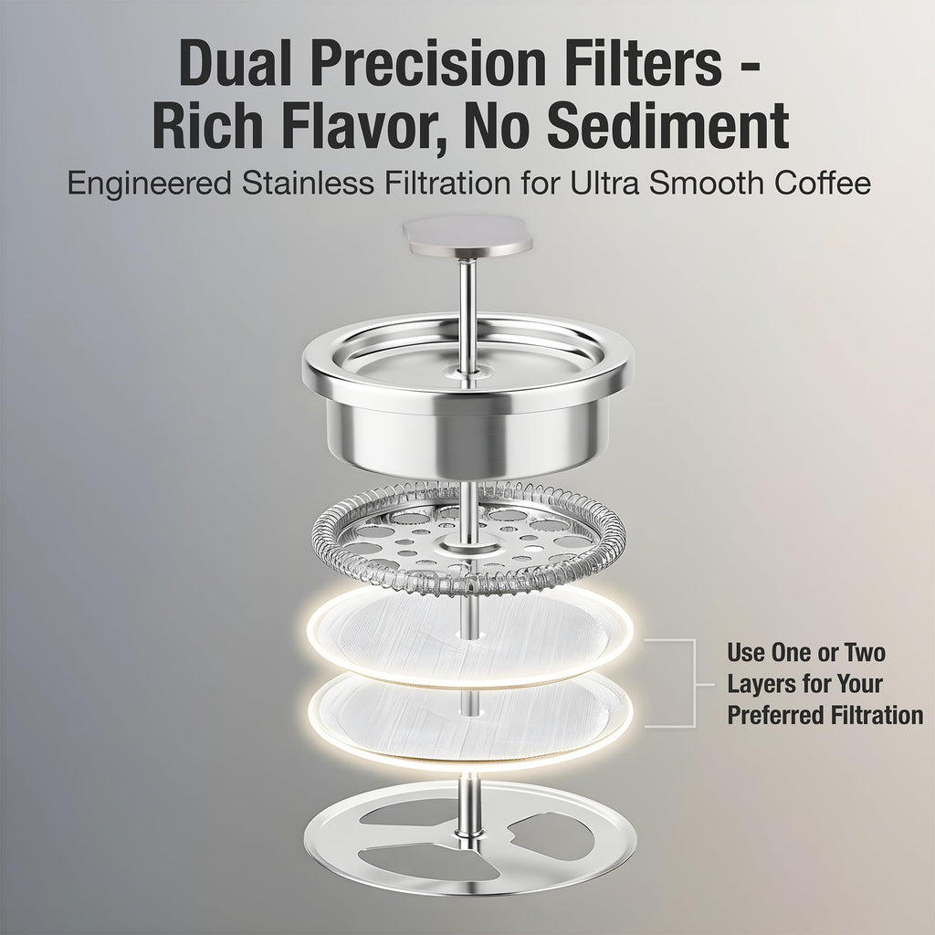 Small French Press Coffee Maker Set - 12 oz | Portable Travel French Press Coffee Maker | Double Wall Insulated with Dual Stainless Filters & 2 Steel Canisters for Grounds, Tea, Creamer & Sugar
