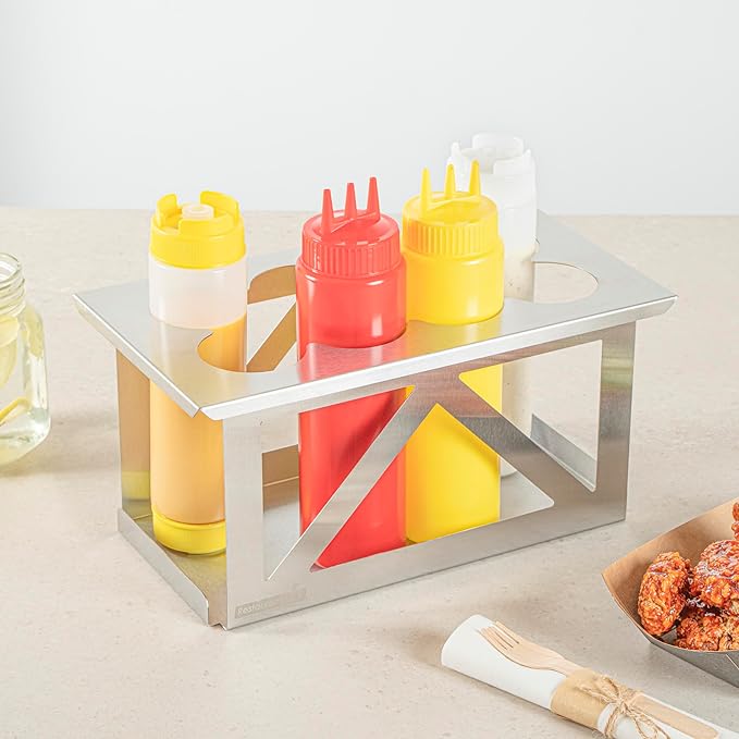 Restaurantware Squeeze Bottle Holder 1 Count Fits 1/3 Size Pan 12.79 x 7.09 x 6.26 Inch Stainless Steel Condiment Bottle Organizer - Durable Kitchen Prep Bottle Rack - Silver