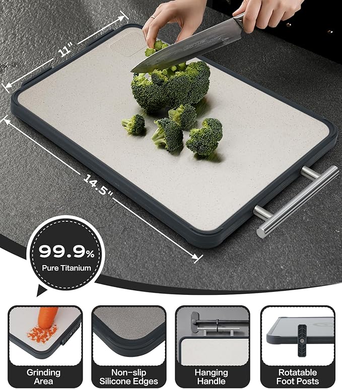 Titanium Cutting Board for Kitchen- Double Sided Cutting Board with Stand, Textured Food-Grade Pure Titanium Side for Chopping Meat, PP Side for Vegetables, Easy to Clean(14.5”×11”, 1 PC)
