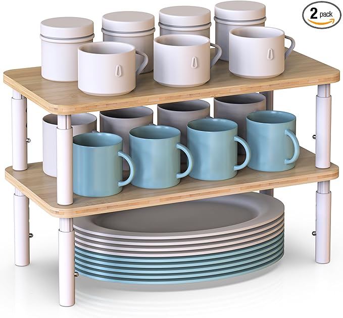 WELL WENG Bamboo Cabinet Organizer Shelf 2 Pack, Height Adjustable