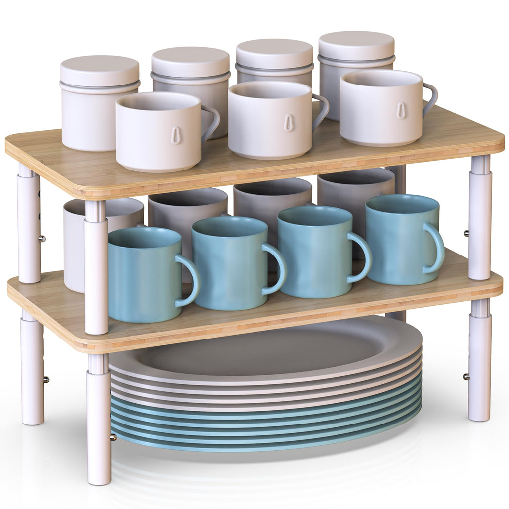 WELL WENG Bamboo Cabinet Organizer Shelf 2 Pack, Height Adjustable