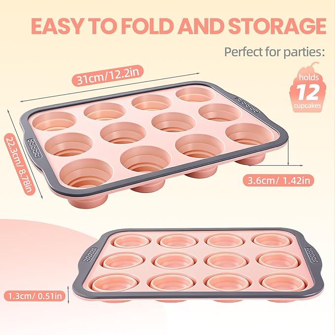 BHNJUTM 12-Cup Silicone Muffin Pan for Baking - Premium Nonstick Muffin Tin with Metal Reinforced Frame, Easy to Clean Silicone Cupcake Molds, Dishwasher & Oven Safe BPA Free (one pink)