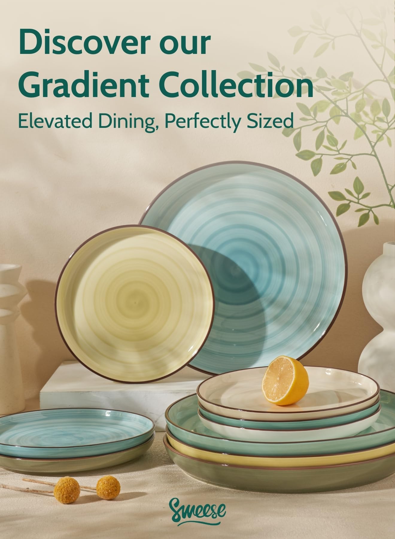 Sweese 10 Inch Porcelain Dinner Plates Set of 6 - Round Green Dishes for Main Courses, Salad, Microwave Dishwasher Safe