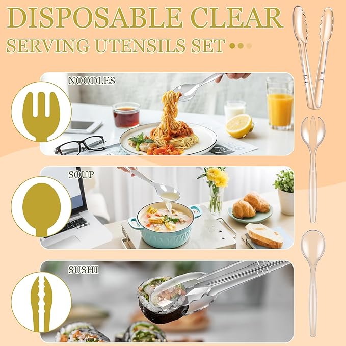 24 Pcs Disposable Clear Plastic Serving Utensils Set, Forks Spoons Tongs