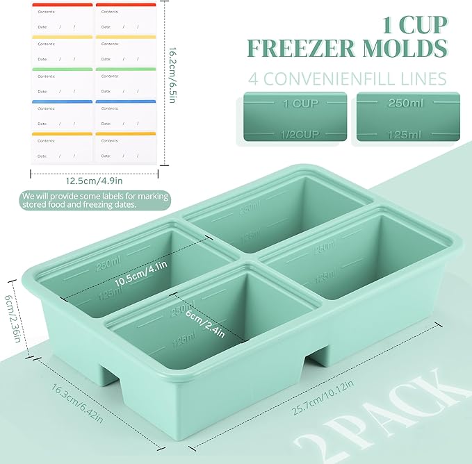 BIONMAPLE 2 PACK 1 Cup Silicone Freezer Trays With Lid For Freeze & Store Soup, Broth, Leftovers, Microwave-safe Soup Freezer Container - Green