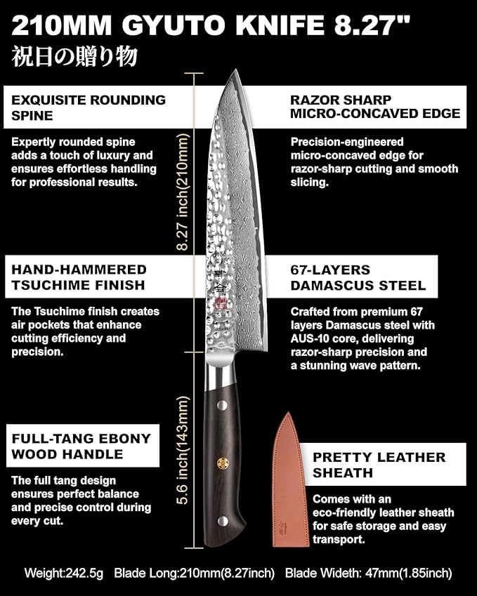 kanngou Japanese Chef Knife Kitchen Knife with 67 Layers Damascus Steel AUS-10 Core, Professional Damascus Knife with Full-Tang Ebony Wood Handle and Premium Gift Box (8.27 Inch Gyuto Chef Knife)