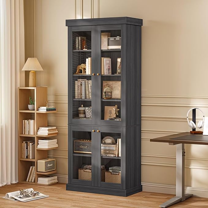 ivaniti 70.8" Tall Farmhouse Bookshelf with Glass Doors, Modular Bookcase with 6-Tier Adjustable Shelves, Large Storage Cabinet for Kitchen, Living Room, Black, Set of 2