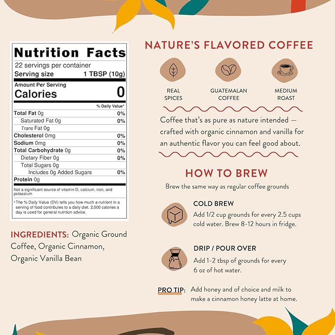 Organic Cinnamon Vanilla Ground Coffee - Real Cinnamon & Vanilla - Medium Roast, Flavored Coffee - Smooth Low-Acid - Perfect for Drip, Pour Over or Cold Brew - 8 oz, 22 Servings