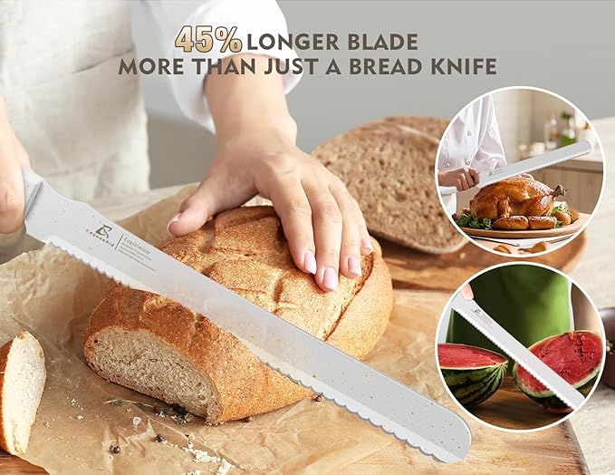CoquusAid Upgrade Bread Knife for Homemade Bread, World‘s 1st Double Serrated Knife for Crusty Sourdough, 11.6 Inch Stainless Steel Bread Slicer, Professional Sourdough Cutter, Ideal Gift, White