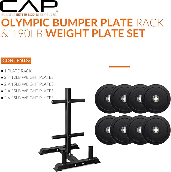 CAP 190lb Pro Olympic Bumper Plate Set with Compact Storage Rack