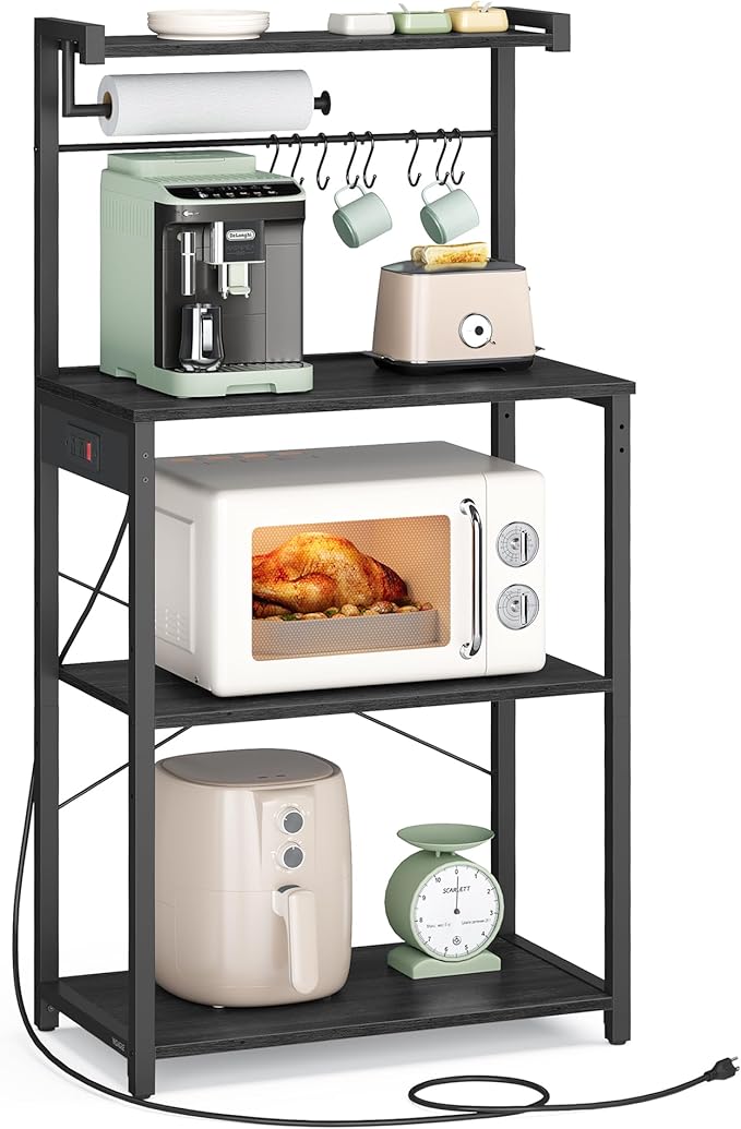 VASAGLE BARNET Collection - Kitchen Bakers Rack with Power Outlet, 23.6-Inch Wide Coffee Bar 4-Tier with 8 S Hooks, Modern Microwave Stand, Adjustable Shelf, Charcoal Gray and Ink Black UKKS014B01V1