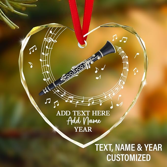 Personalized Text Name Year Clarinet Instrument Glass Ornament, Custom Clarinet Player Christmas Ornaments 2026, Clarinetist Xmas Tree Hanging Ornament, Xmas Decor Gift for Friend Coworker