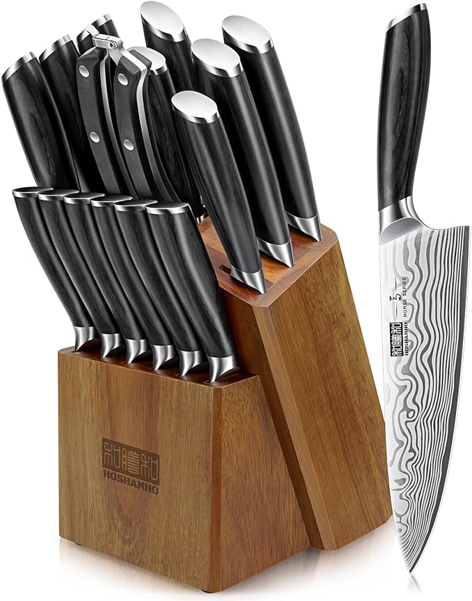 HOSHANHO 16-Piece Knife Set with Block, Ultra Sharp Kitchen Knife Block Set