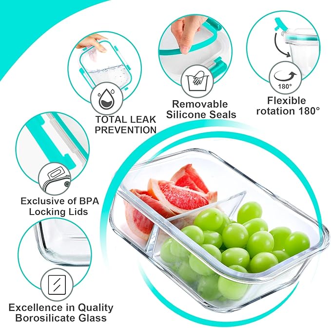 VERONES 5 PACK 36 OZ Glass Food Storage Containers 2 Compartment Set, Green