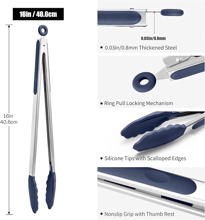 Doosu Kitchen Tongs with Silicone Tips for Cooking Serving (16in, Navy)