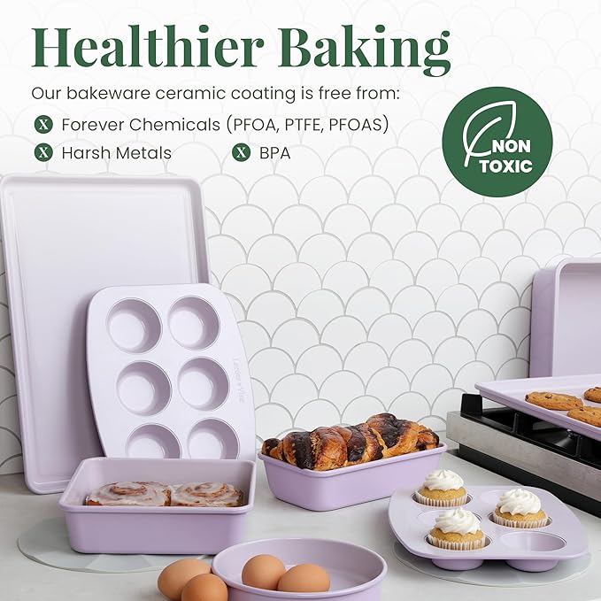 Larder & Vine 8-Piece Stackable Bakeware Set, Ceramic-Coated Nonstick Baking Pan Set, Non-Toxic, with Baking Sheets, Muffin Pan, Loaf Pan & Cake Pans, Lavender