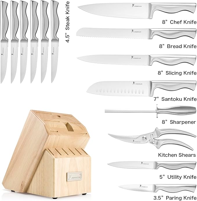 Kangdelun 15-Piece Ultra Sharp Kitchen Knife Set with Wooden Block, Exclusive Ergonomic Anti-Slip Handle, High-Carbon 50CR15MOV Steel, Angled Design, Natural Wood Block