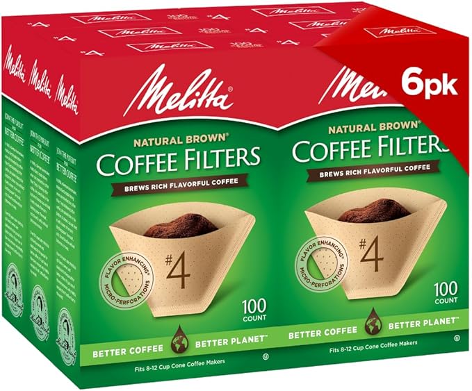 Melitta #4 Unbleached Coffee Filters, Premium, Natural Brown, Flavor Enhancing Coffee Filters for 8-12 Cup Coffee Makers, Kosher Certified, Compostable, 100 Count (Pack of 6)
