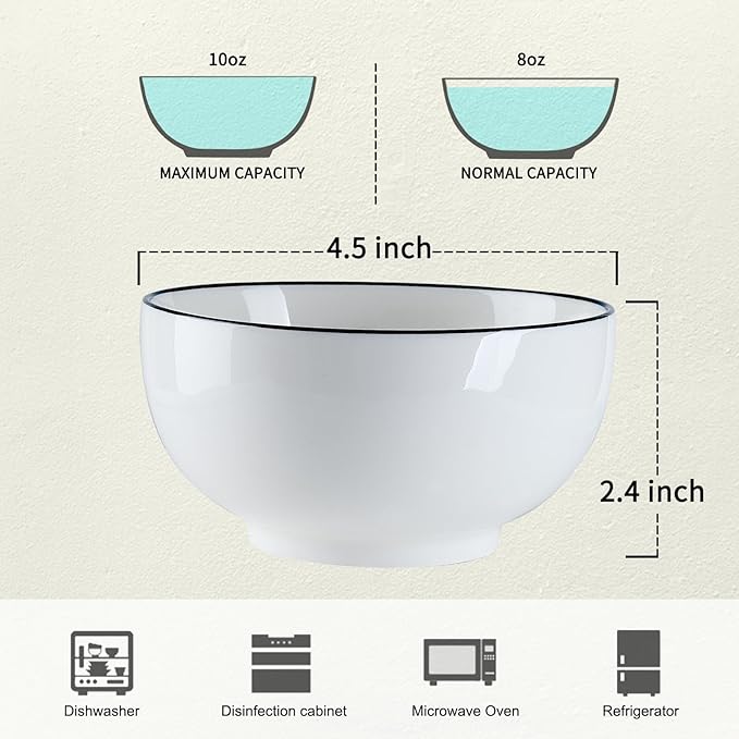 YOLIFE Small Bowls Set of 6, 10 oz Ice Cream Bowls with Black Trim