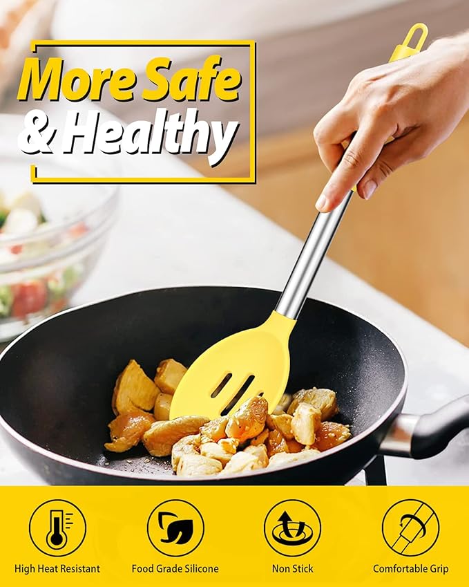 BUNDLEPRO Silicone Cooking Spoons for Non Stick Cookware, 2 Pack, Yellow