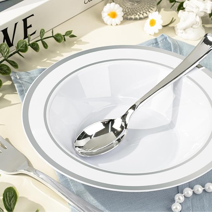 BESTVIP 200 Pack Plastic Bowls with Silver Rim