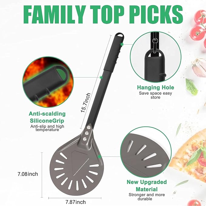 Newmeto Pizza Turning Peel 9 Inch Round Aluminum Perforated Pizza Peel Turner with Metal Handle Pizza Paddle for Homemade Pizza Oven Accessories