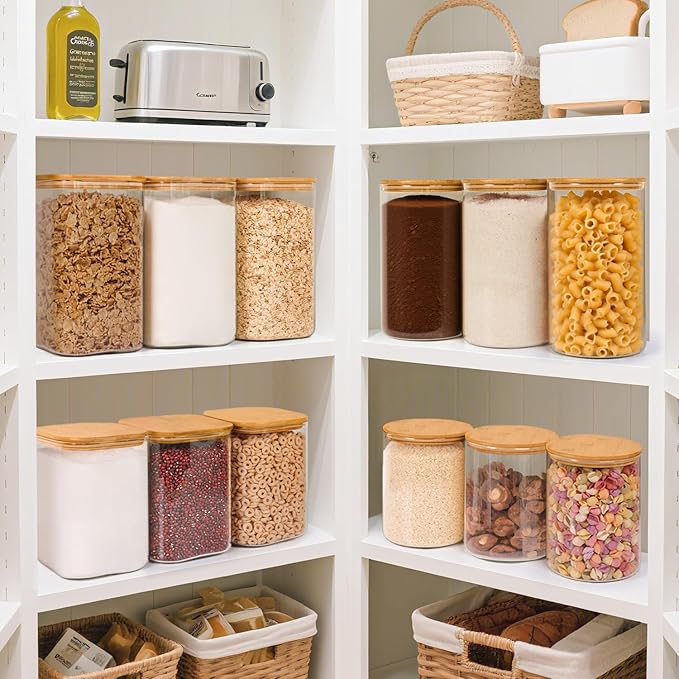ComSaf Glass Storage Jars with Bamboo Lids 3.6 Qt Large Pantry Square
