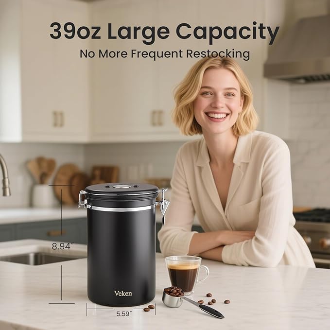 Veken Coffee Canister,39OZ, 2.2lbs,Large Airtight Stainless Steel Container