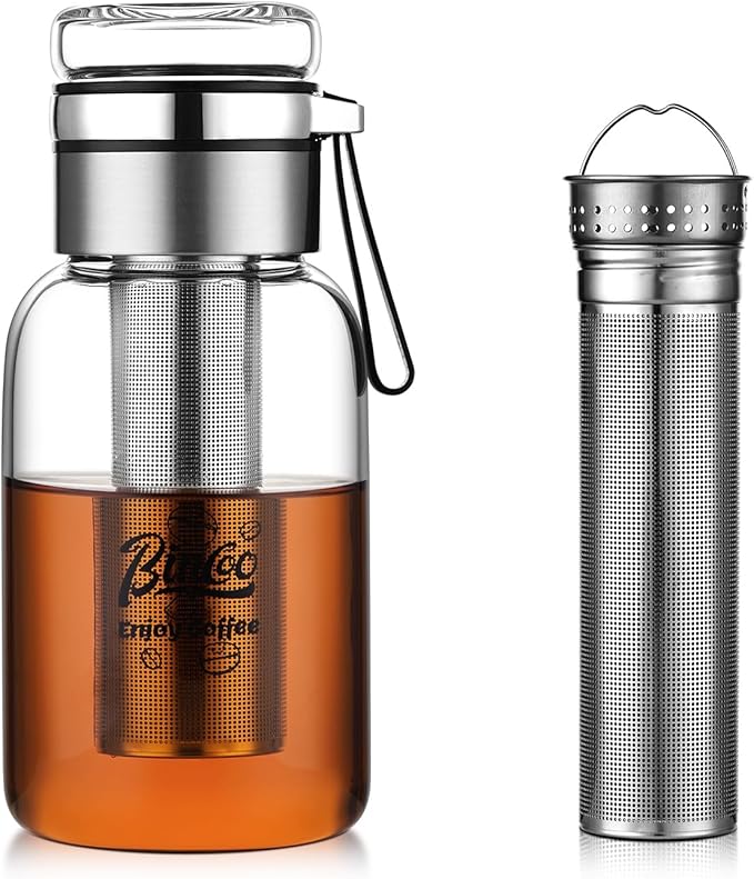 Bincoo Glass Cold Brew Coffee Maker with Extended Fine Mesh Filter, Tea Infuser Bottle Iced Coffee Maker with Thick Borosilicate Glass (750ml/24oz)