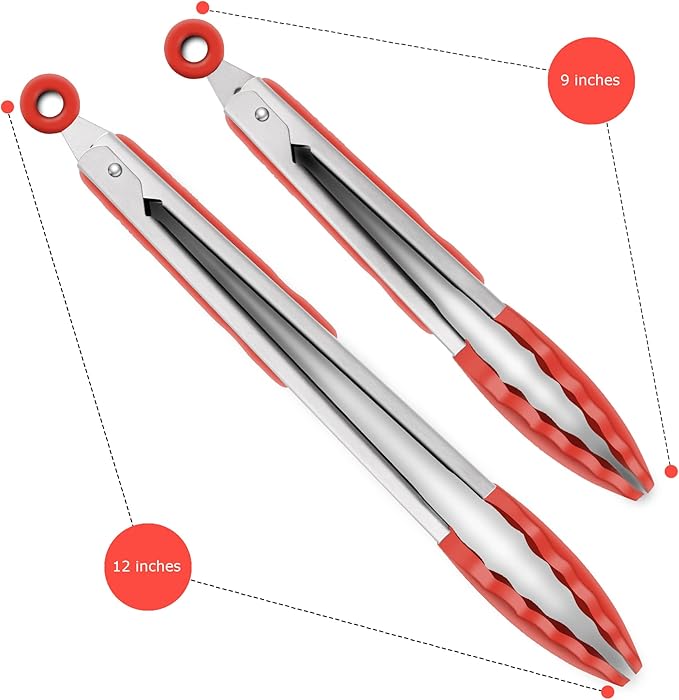 2 Pack Silicone Kitchen Tongs, 9 & 12 Inch, Stainless Steel, Red