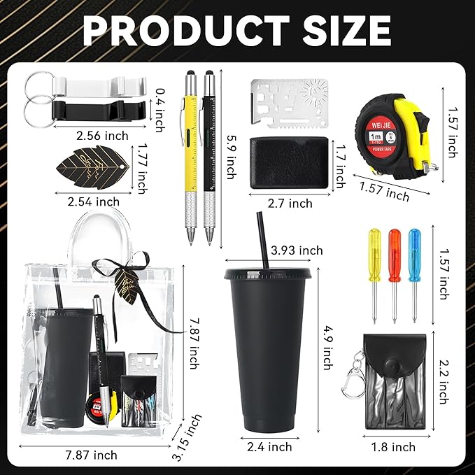 Baby Shower Prizes for Men - 6 Pack Complete Game Prize Set for Dad & Male Guests - Includes Survival Card Tool, Tape Measure, Bottle Opener Keychain, Plastic Cups, Pens, Screwdrivers (BLACK)