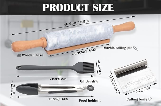 SIPARUI Marble Rolling Pin Set with Silicone Pastry Mat,Pastry Brush,Cooking Tongs,Stainless Steel Scraper18.5 inch Polished Non-Stick Roller for Pizza Dough,Fondant,Pie Crust(Gray White)