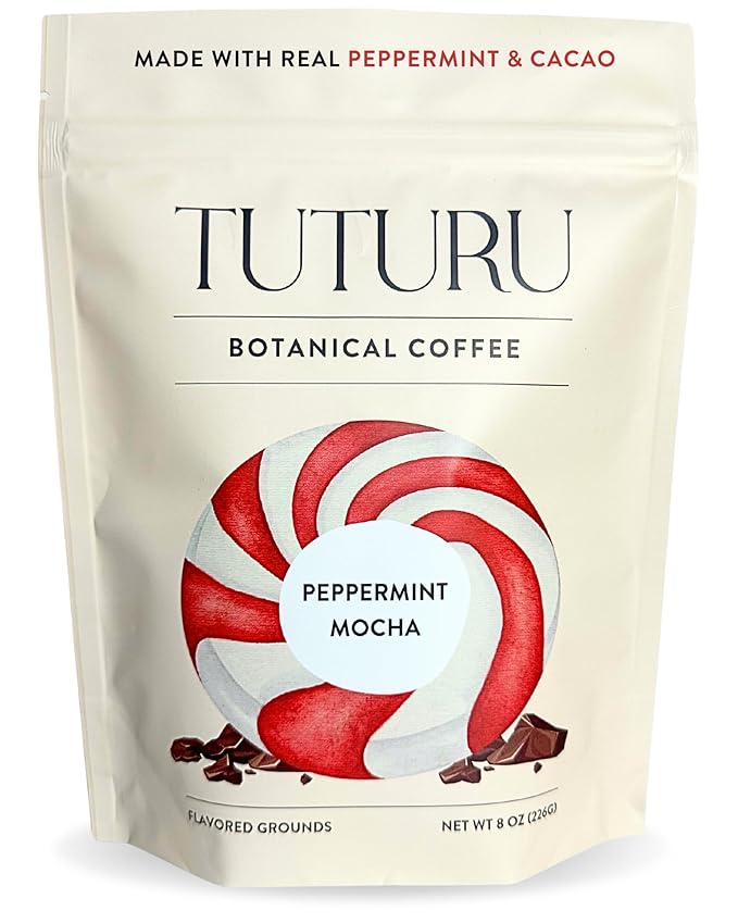 Organic Peppermint Mocha Ground Coffee - Real Peppermint & Cacao - Medium Roast, Flavored Coffee - Smooth Low-Acid - Perfect for Drip, Pour Over or Cold Brew - 8 oz, 22 Servings