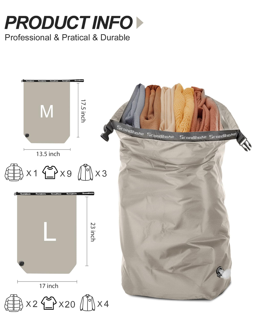 Compression Travel Laundry Bag for Dirty Clothes, Pump-Free Laundry Bag for Suitcase & Dorm, Waterproof Wet Dry Clothes Organizer, Large Capacity Space Saving Travel Bag (1 Pcs)(Gray, L)