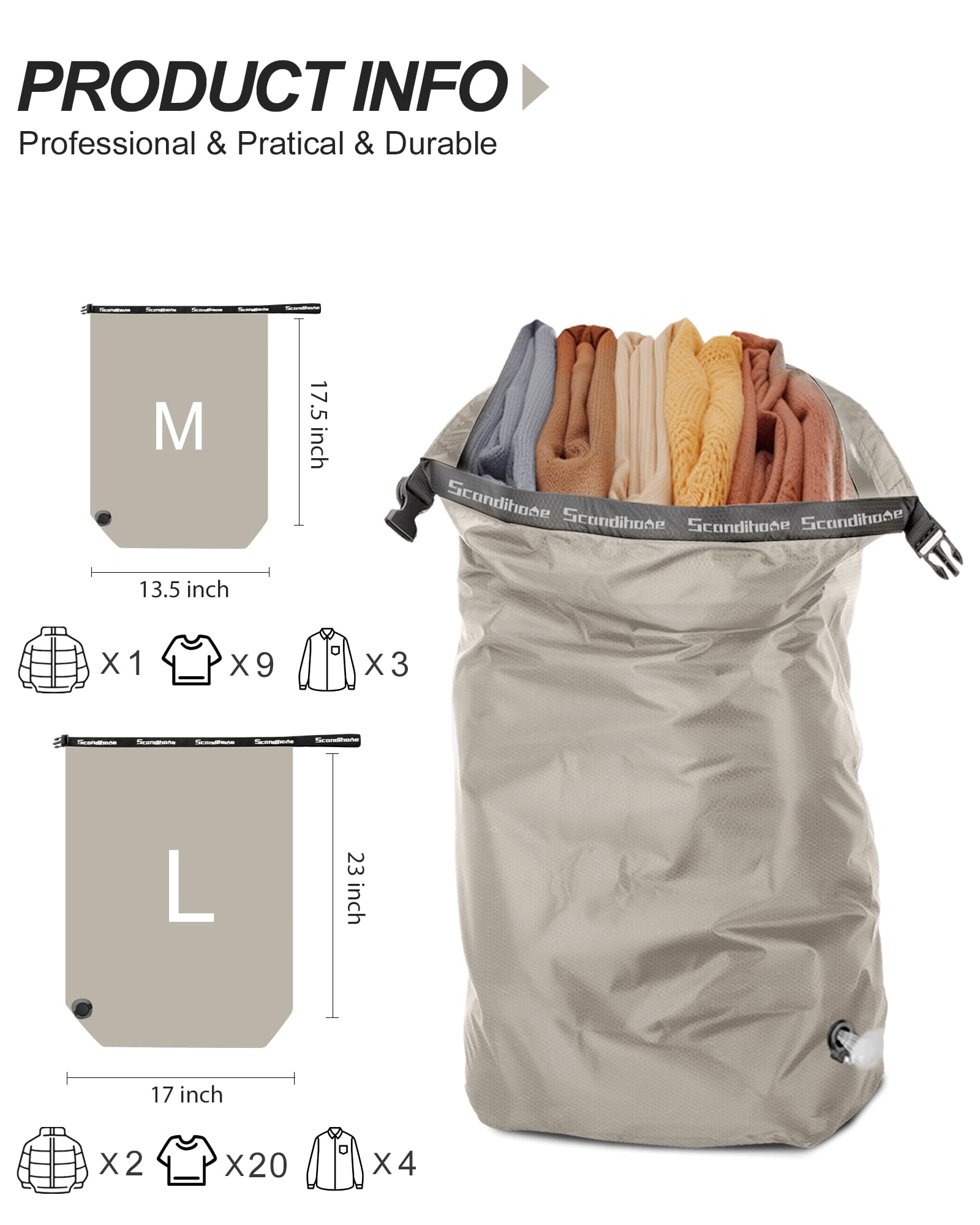Compression Travel Laundry Bag for Dirty Clothes, Pump-Free Laundry Bag for Suitcase & Dorm, Waterproof Wet Dry Clothes Organizer, Large Capacity Space Saving Travel Bag (1 Pcs)(Gray, L)