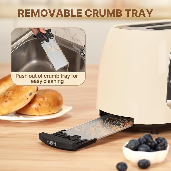 Culinaid Toaster 2 Slice Smart Touch Screen, Retro 1.5'' Extra Wide Slot Stainless Steel Digital Bread Toaster with Memory Function, Bagel, Defrost, 6 Browning Levels and Removable Crumb Tray, Cream