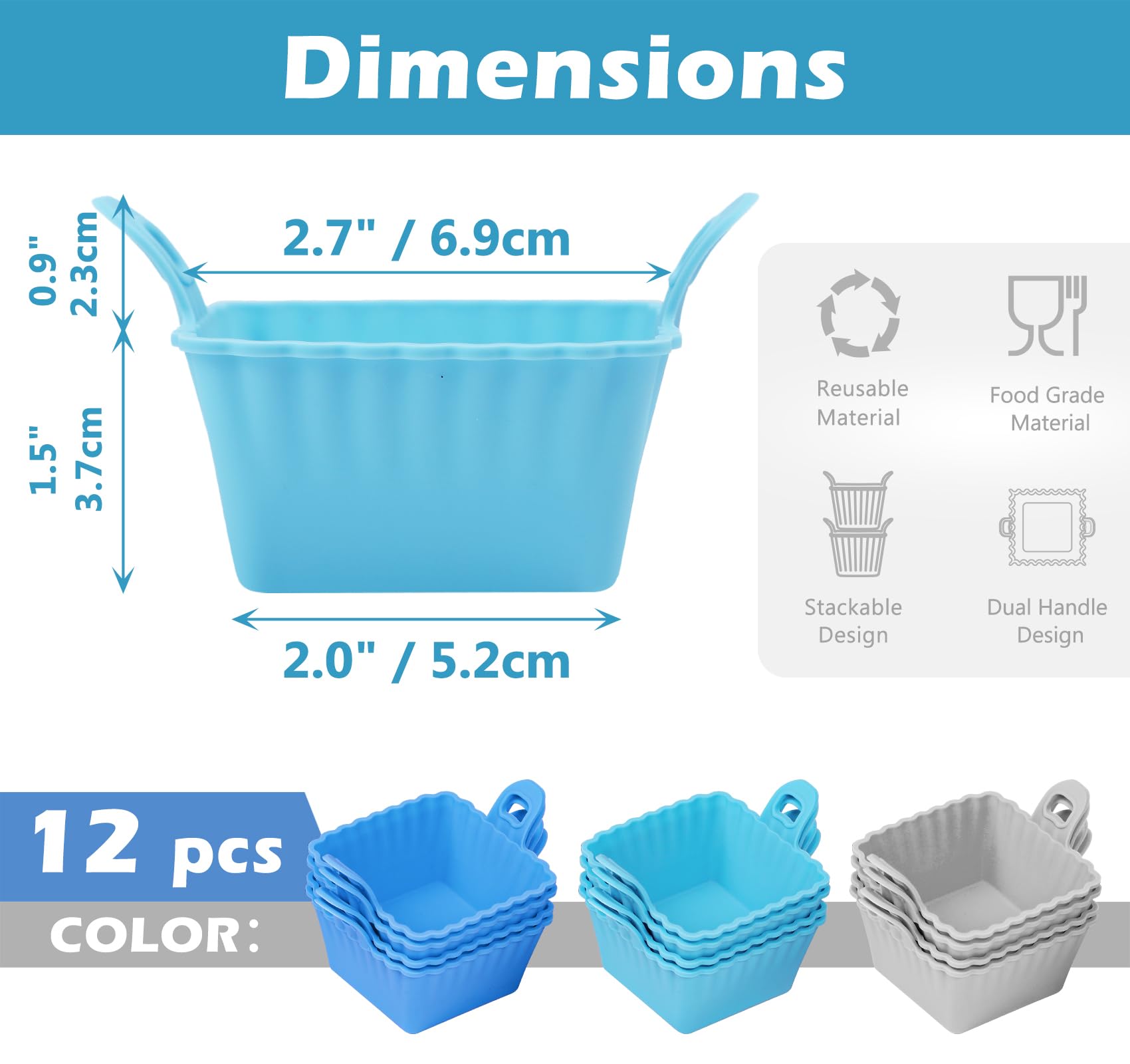 Koluti Reusable Silicone Baking Cups Set of 12, Nonstick Muffin Cupcakes Mold with Double Handle, BPA Free, Mini Square Air Fryer Cupcake Liners, 3 Colors