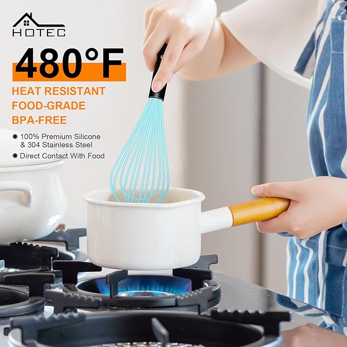 HOTEC 4 Pieces Silicone Whisks Set, Wire Balloon Whisks for cooking Egg Beater, Non-slip Handle Whisk for Non-stick Cookware Perfect for Cooking, Stirring, Beating and Blending,Blue